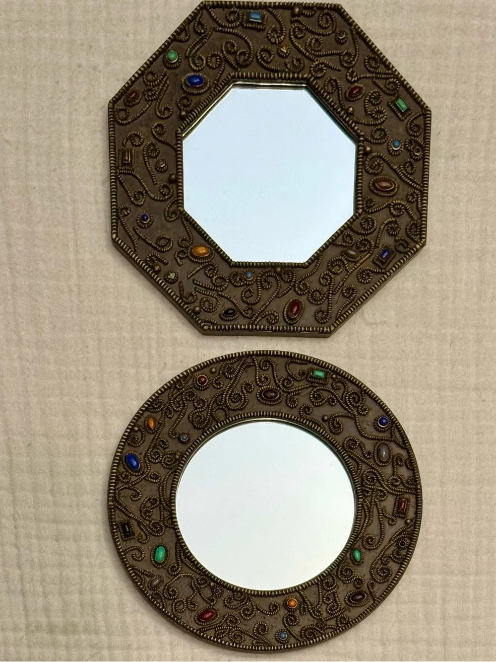 Ornate Bronze Tuscan Multicolor Faux Beaded Accent Decor Wall Mirrors Set Of 3